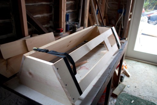 Rock straps hold the glued and screwed sides while drying