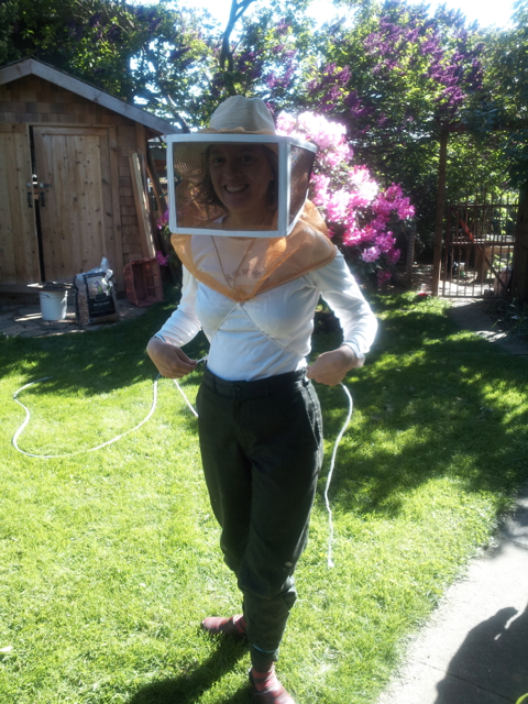 Jen in her Bee Garb. Elastic bands on ankles and wrists, veil tied tight.